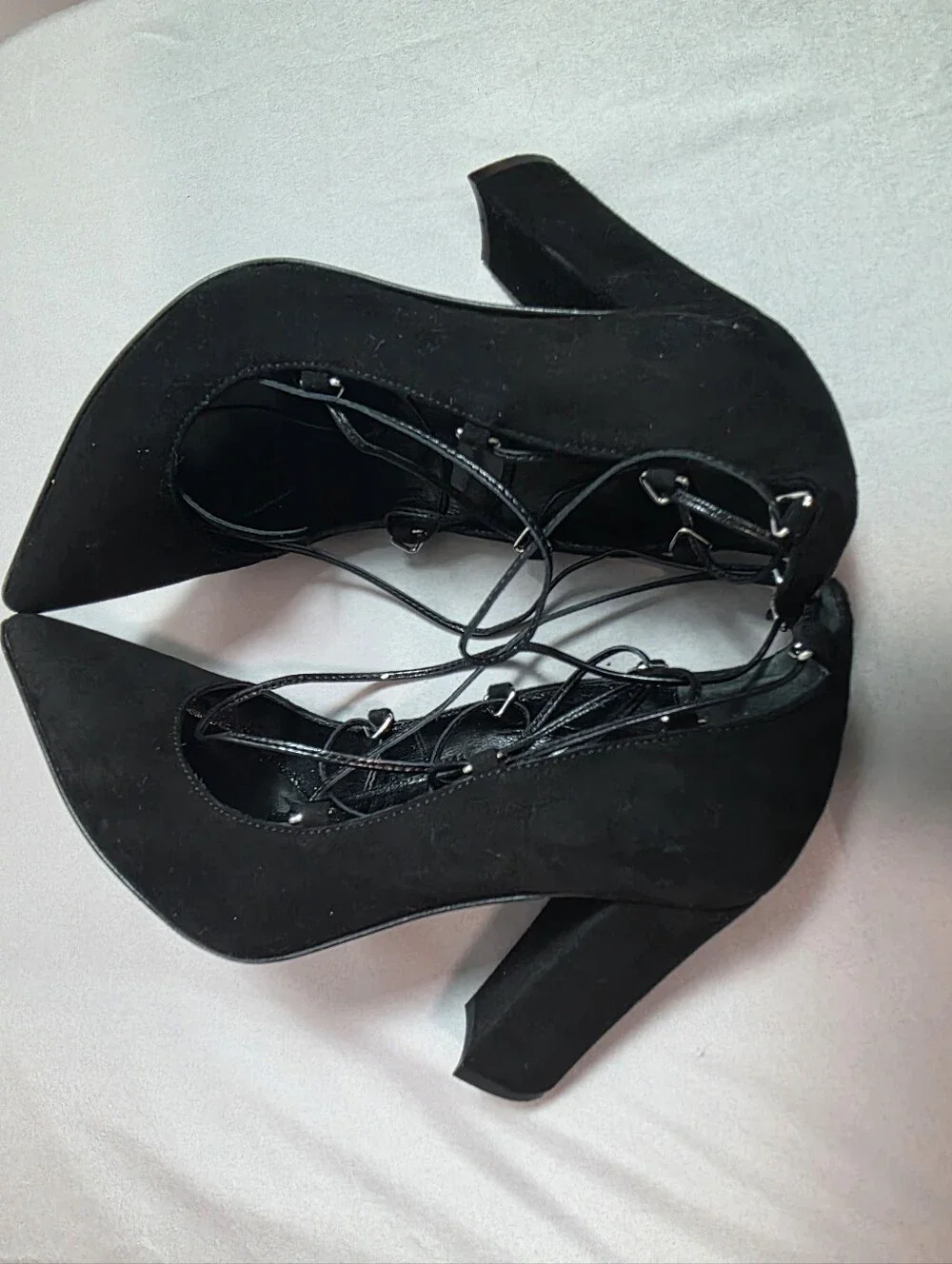 NAPOLEONI Black Suede Lace-Up Pointed Toe Block Heel Pumps Made in Italy Size 37
